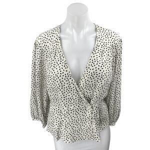 MNG Mango White Black Long Sleeve Button V Neck Wrap Peplum Blouse Top Size 6